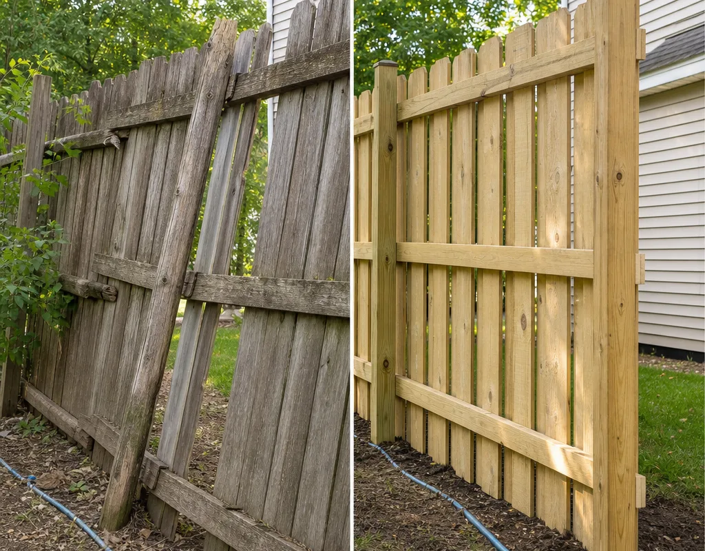 Leaning fence section before and after failed posts were replaced