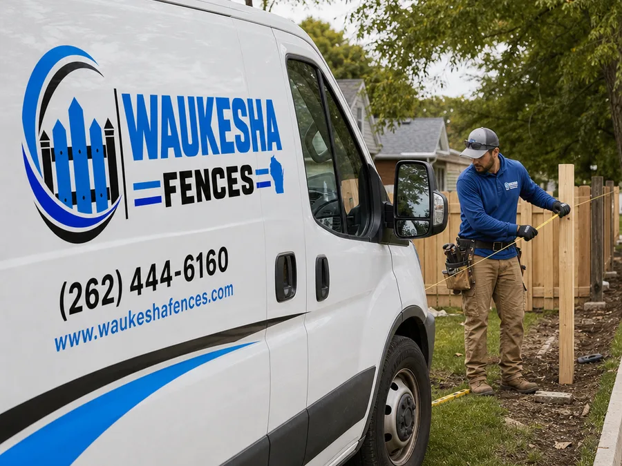 Fence installer measuring a Waukesha property boundary with stakes and string